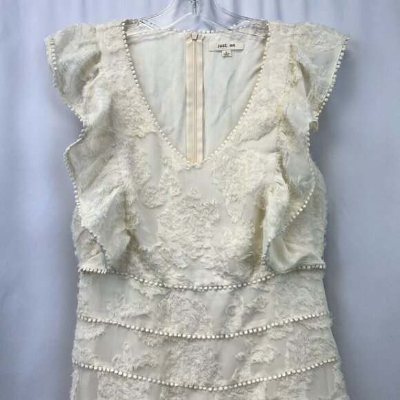 Just Me Women A Line Dress Cream Textured Lined Mini V Neck Cap Flutter Sleeve M - Picture 5 of 12